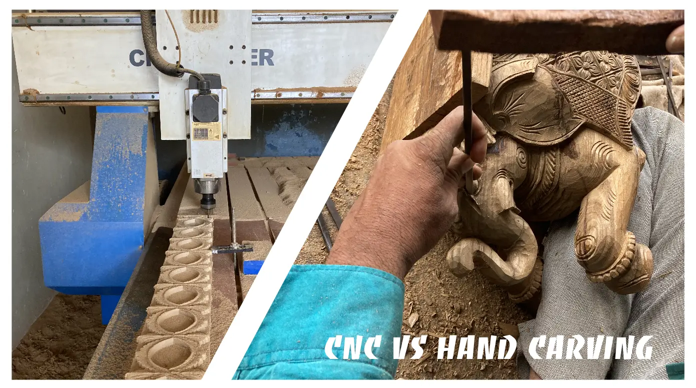 CNC machine carving wood on the left and artisan hand-carving an elephant sculpture on the right, highlighting the contrast between machine precision and traditional craftsmanship.